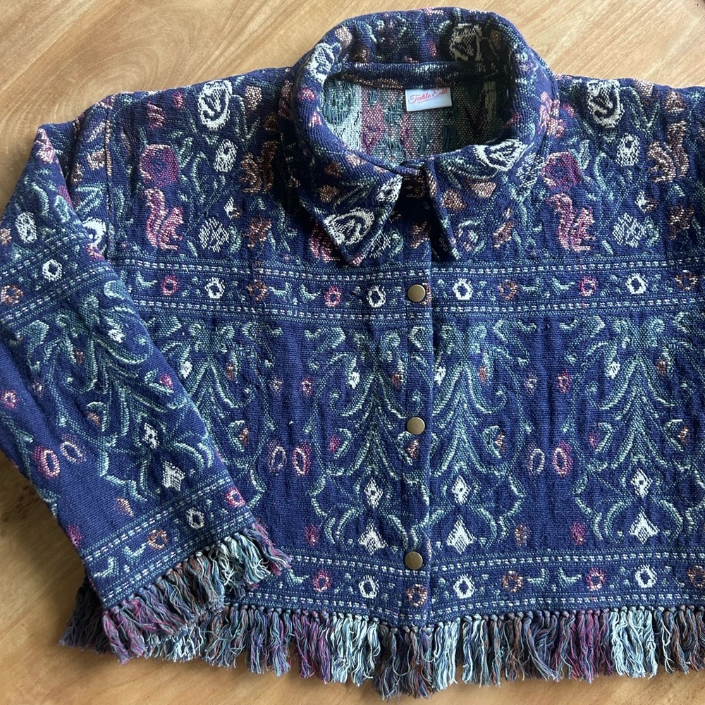 Handmade Upcycled Floral Blanket Jacket with Fringe